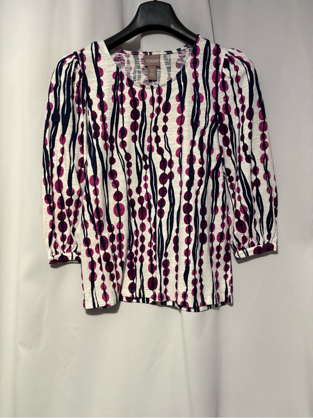 Chico's White Top with Magenta Dot & Navy Stripe Print, Puff Sleeves